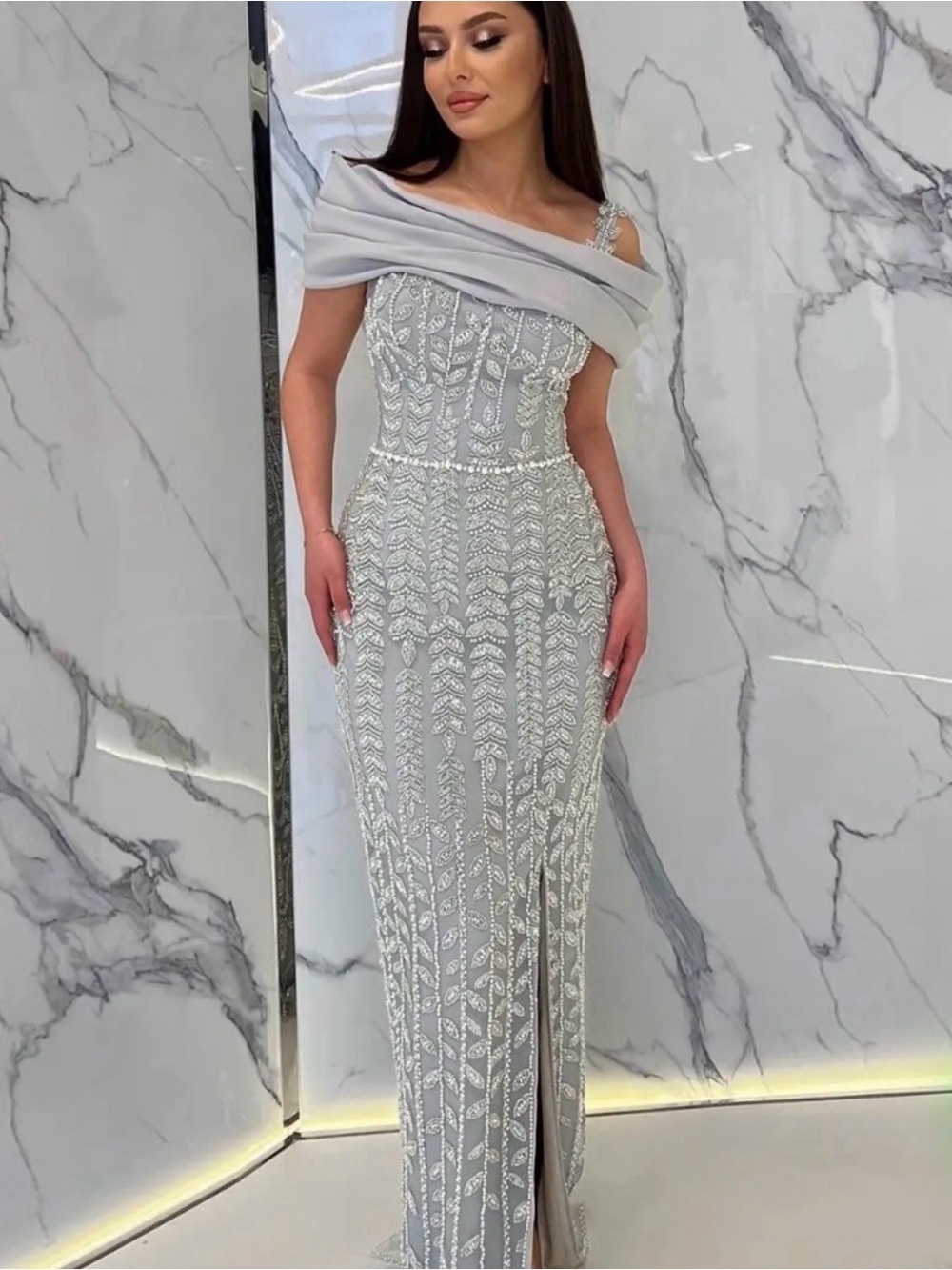 Silver One-Shoulder Beaded Evening Gown